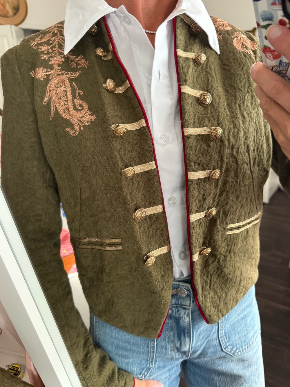 Free People Military Embroidered Jacket Olive Green Band Jacket Size Small